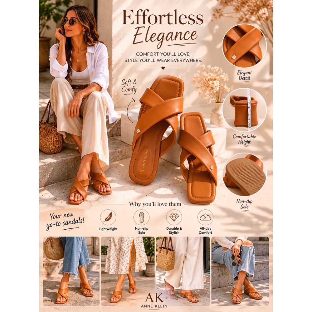 Anne Klein Strappy Block Heel Cushioned Brown Sandals Synthetic Logo Accent 8.5